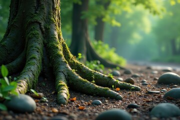 Thick, gnarled roots gripping stones, showcasing tenacious growth , photography, detail