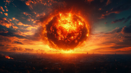 Obraz premium Fiery Sky Explosion Over City at Sunset