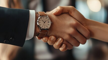Business partners shaking hands after closing a deal. Businessman shaking hands with a woman partner while wearing a classic watch.