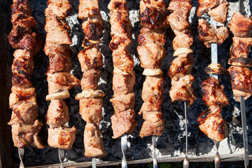 Grilled meat skewers with pieces of onion, sizzling on a barbecue.