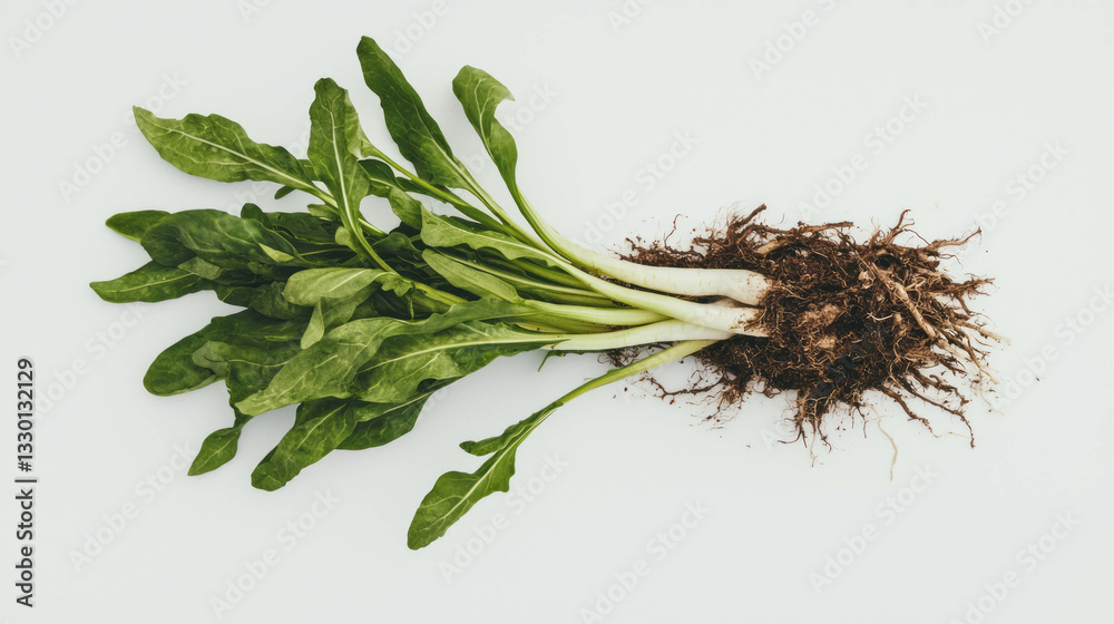 Poster fresh salsify roots with green leaves on white background for culinary and botanical design