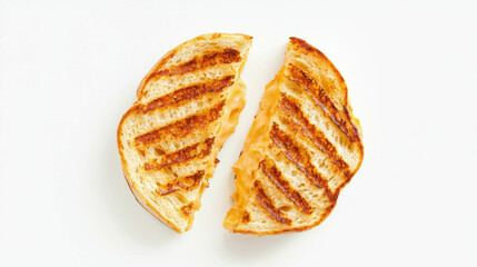 Delicious grilled cheese sandwich cut in half on white background