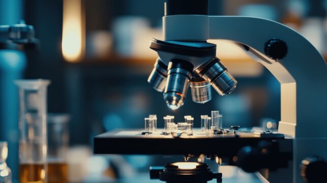 Close-Up View of Laboratory Microscope with Glass Slides in Focus