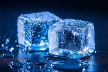 Two wet ice cubes on dark background.