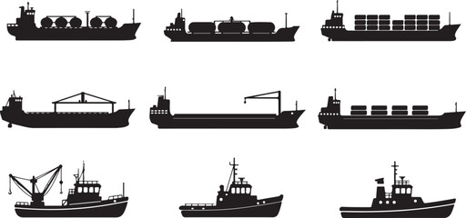 industrial ship icon set. vessels for transportation and fishing. isolated vector images in simple style