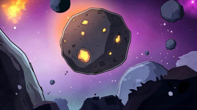 Floating asteroids in deep space with glowing cores against a vibrant cosmic background