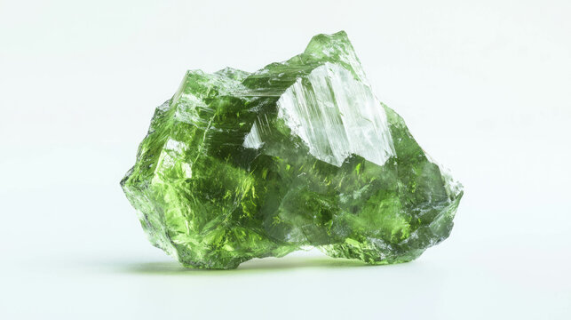 Realistic raw moldavite and green crystal on white background for mineral collection