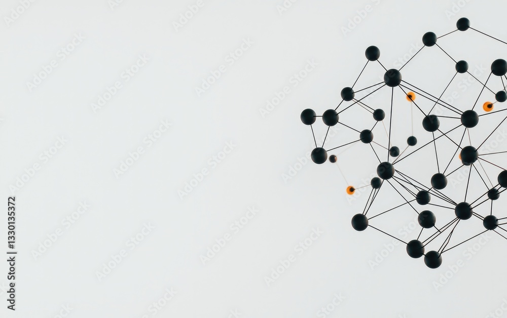 Poster abstract 3d render of a plexus network with black and orange nodes on a white background