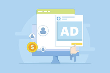 Social media advertising concept that generates revenue. Social media ad spend, Social media ads that send traffic. Paid ad campaigns. Advertising budget. Flat illustration in the background.