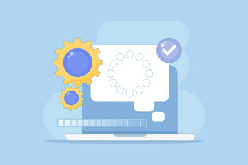 concept of a completed process or progress. successful processing, installation, downloading, or uploading. information and notifications. technology systems in software. flat illustration.