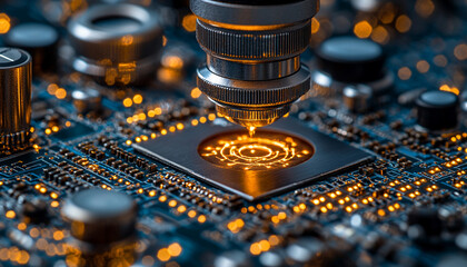 High tech circuit board with intricate patterns and glowing elements