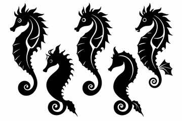 seahorse set line art silhouette vector illustration