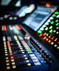 Professional sound and audio adjusting control panel with buttons, sliders and display for dj media production. Digital music record mixer equipment