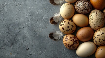Obraz premium Eggs and feathers against textured gray surface