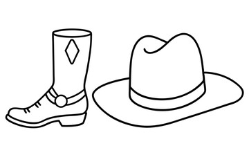 cowboy boots and western hat line art silhouette vector illustration