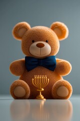 Adorable teddy bear with a bow tie sits beside a menorah.