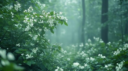 Misty forest with blooming white flowers.