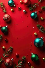 Colorful Christmas ornaments scattered on a red velvet background, berries, decoration, garland