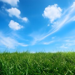 Fototapeta premium Peaceful summer day with blue sky wispy clouds and lush green grass landscape