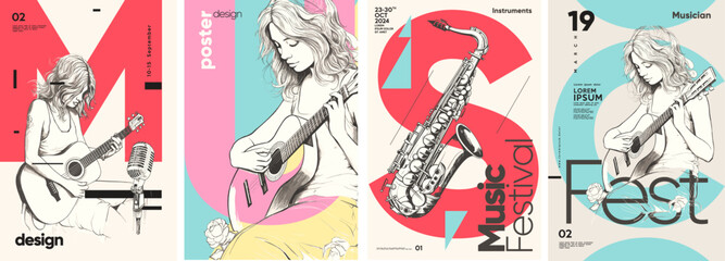 A stylish and dynamic poster featuring a female musician playing a guitar, accompanied by vibrant, minimalist design elements.