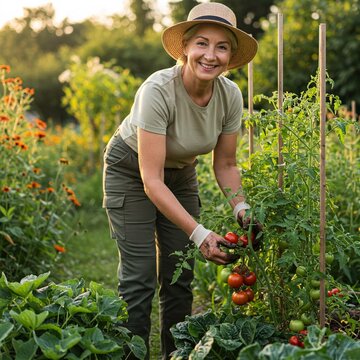 Eine Frau erntet reife Tomaten in ihrem Garten