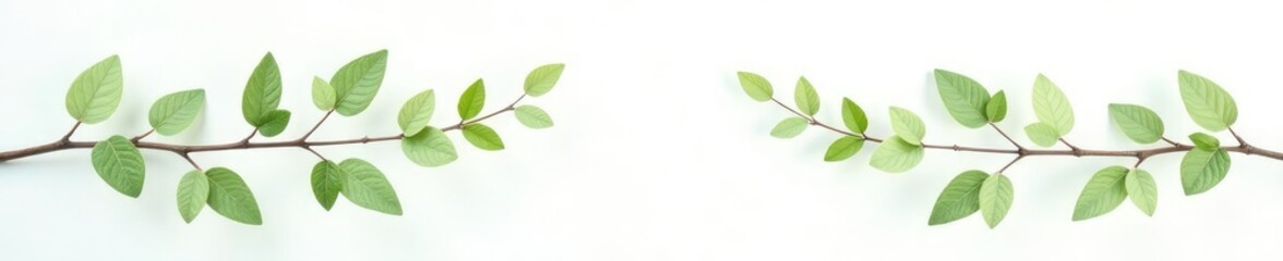 Delicate branches with leaves isolated on white background, minimalist, leafy greens