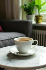 Delicate ceramic tea cup on a marble coffee table with soft focus, marble, cup, focus