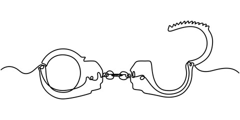 one continuous line drawing handcuffs minimalist design vector illustration law theme object isolated on white background, Handcuffs in one continuous line drawing. Symbol of police justice and jail. 