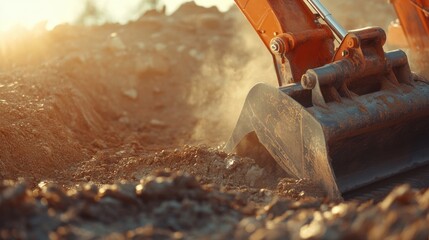 Excavator Bucket Digs Soil at Construction Site in Golden Sunset Light