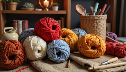 Cozy yarns and crochet hooks in crafting corner, warm ambiance