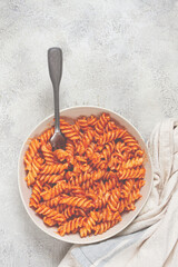 fusilli pasta dish, made with tomato sauce, homemade, no people,