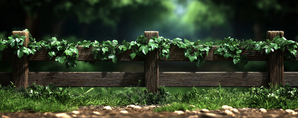 Naklejka premium Lush green ivy on rustic wooden fence in sunlit garden