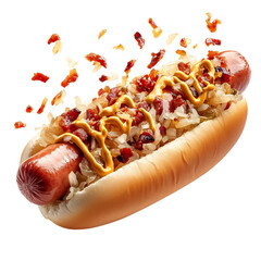 A Delicious Hot Dog with Sauerkraut Onions and Mustard Isolated on Transparent Background