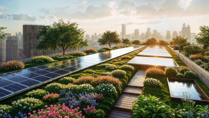 Obraz premium Solar panels installed on the green roof of a high-rise. A relaxation area on the roof of an office or a modern residential building. Silhouettes of skyscrapers against the urban smog.
