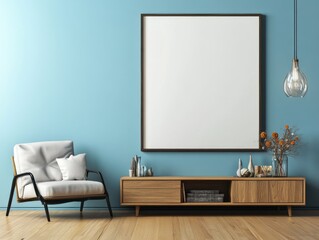 Modern living room mockup, blue wall, empty frame, wooden furniture, home decor