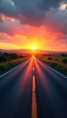 Naklejka premium Empty asphalt road stretching into the distance with a tarmac floor at sunrise, road, road ahead