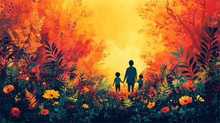 Vibrant illustration of a parent and two children walking through an autumn forest, surrounded by colorful foliage and blooming flowers, evoking warmth, nature, and family connection