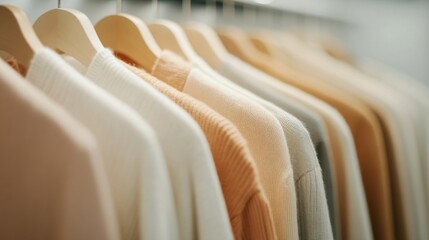Fototapeta premium Neatly hung t-shirts in soft tones, casual clothing display in a cozy boutique, perfect for fashion inspiration.