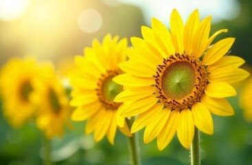 Obraz premium Close up vibrant sunflower in full bloom on a soft natural background