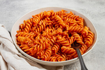 fusilli pasta dish, made with tomato sauce, homemade, no people,