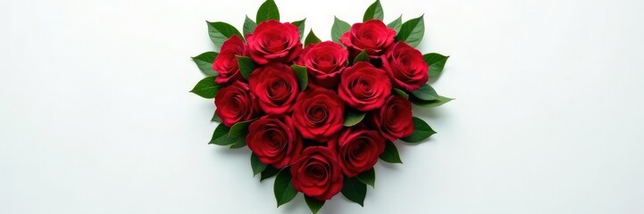 Obraz premium Heart-shaped floral composition with red roses and dark green leaves, arrangement, green, shape