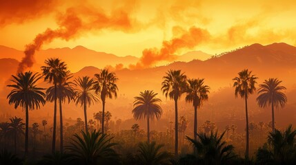 Obraz premium Sunset Over Palm Trees with Mountains and Smoke in Background