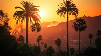 Serene Sunset Over Palm Trees with Mountains in the Background