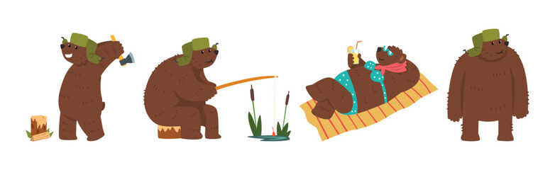 Funny Bear Character with Cute Snout Engaged in Different Activity Vector Set