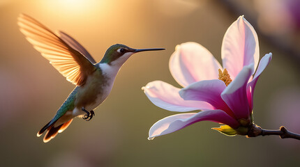 Fototapeta premium A small hummingbird hovers over a bright magnolia flower. The background is blurred.