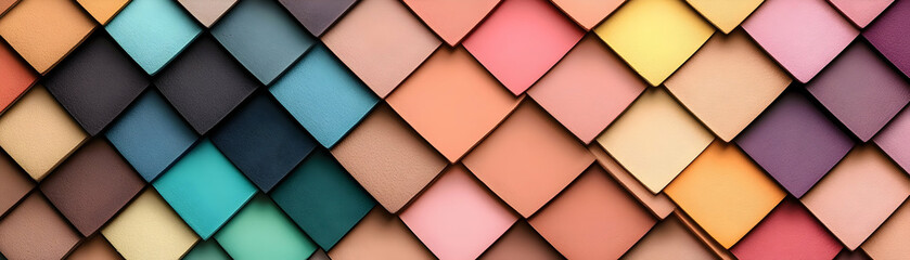 Fototapeta premium Colorful Diamond-Shaped Pigment Palette, Shades of Earth Tones, Jewel Tones, and Pastels Arranged in an Overlapping Pattern, Creating a Visually Appealing Texture.
