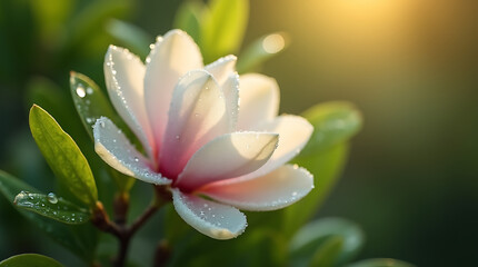 Fototapeta premium The magnolia flower has blossomed and is catching the sun's rays, which make the flower petals almost transparent.