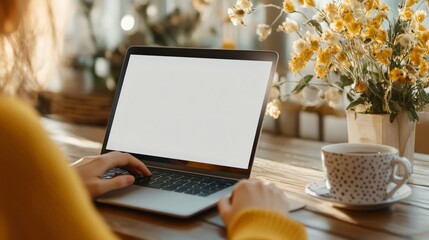 Person using laptop, young adult concentrating on work at cozy desk with coffee and warm sunlight streaming in, copy space available