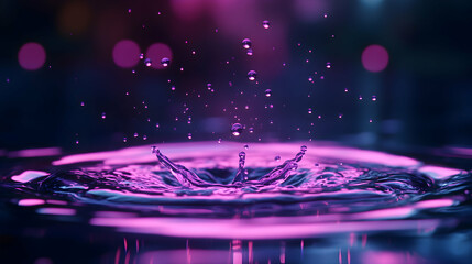 Vibrant Water Drop Impact, Purple Liquid Splashes Dynamically in Neon Light, Creating a Stunning Visual Symphony.