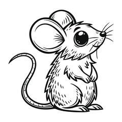 Cute cartoon mouse vector illustration, detailed vector, hand drawn style, monochrome design, isolated on a white background